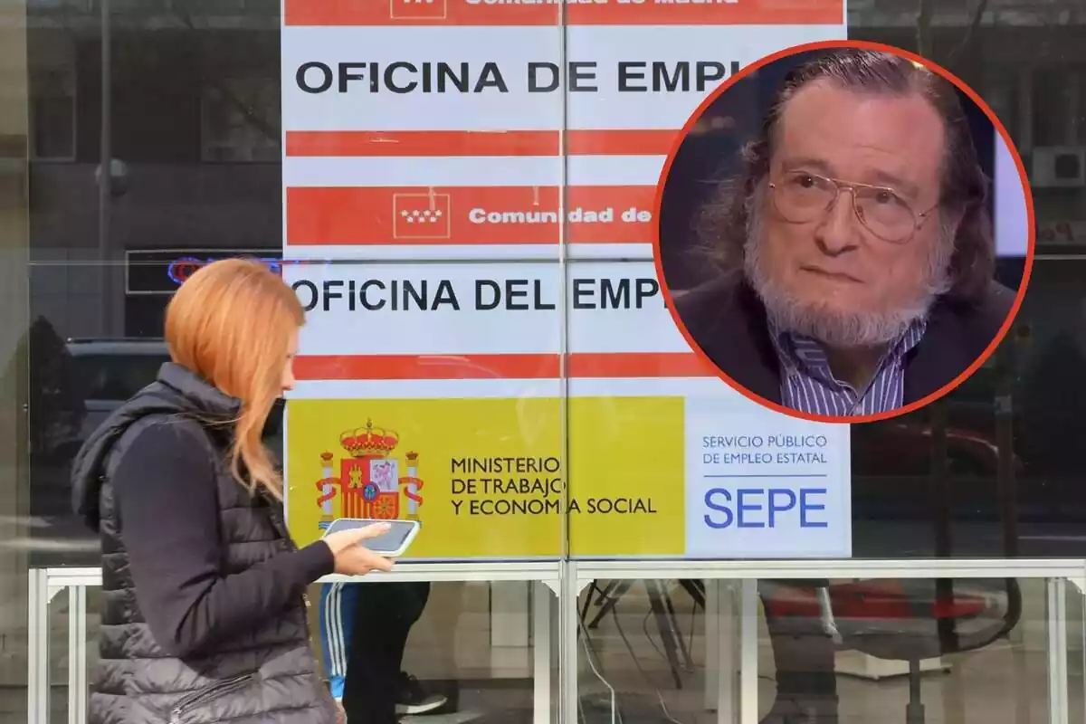 Una dona passa davant d'una oficina del SEPE, amb Santiago Niño Becerra en un cercle