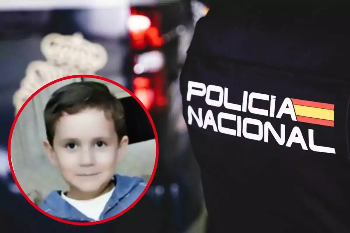 Un nen emmarcat en un cercle vermell al costat d'un uniforme de la Policia Nacional.