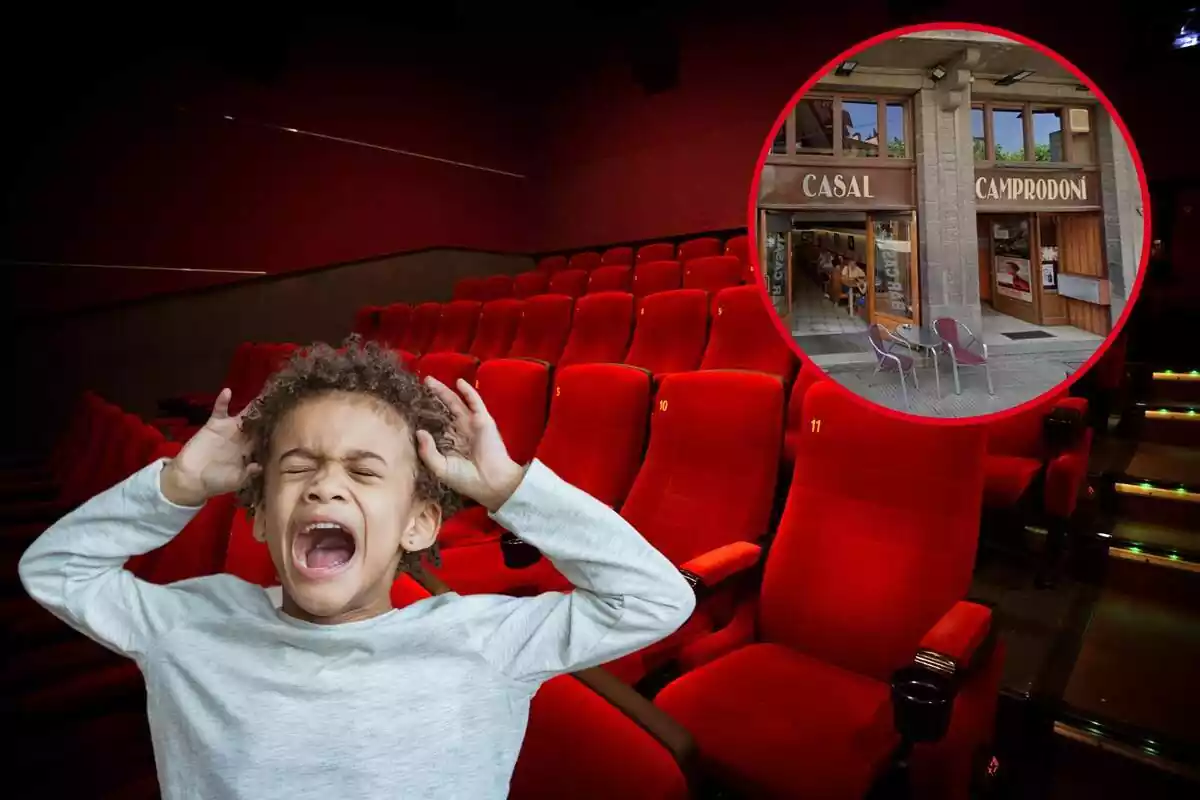 Muntatge de nen cridant desesperat en una sala de cinema i cercle amb l'entrada del Casal Camprodoní