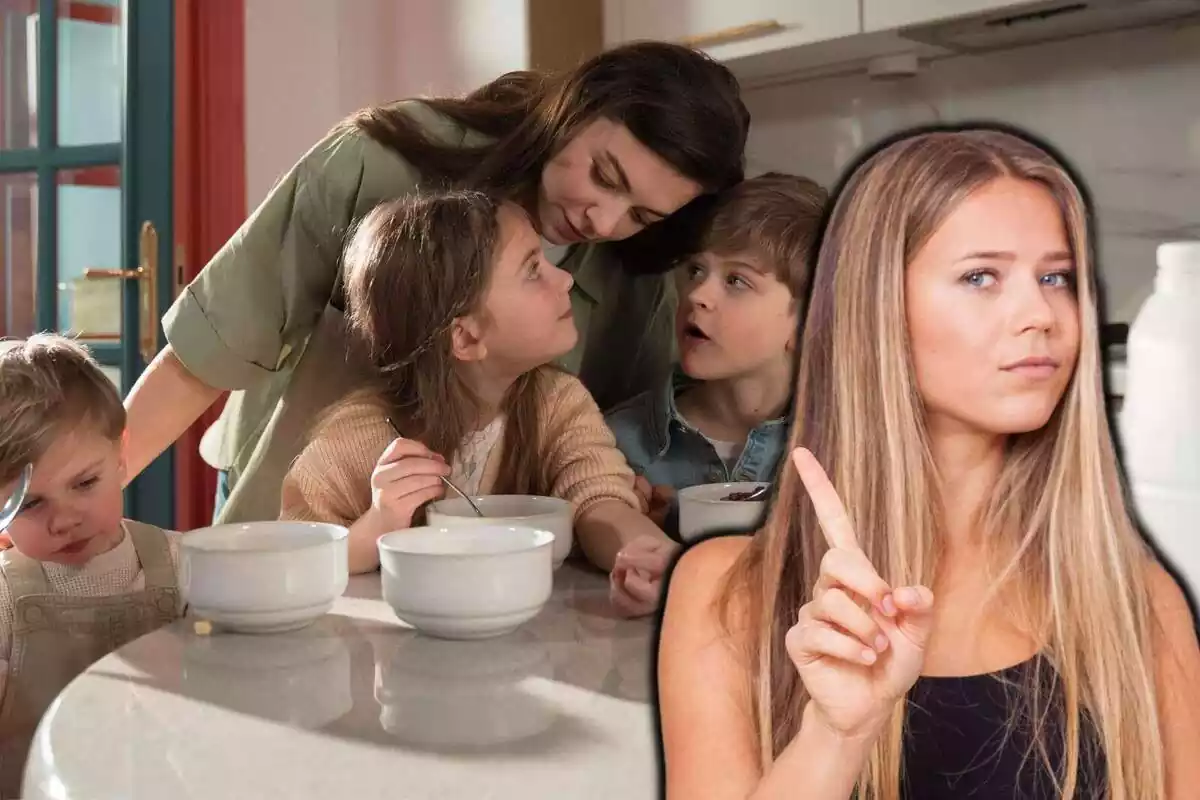 Muntatge d'uns nens menjant amb la mare i una noia dient 'no' amb el dit