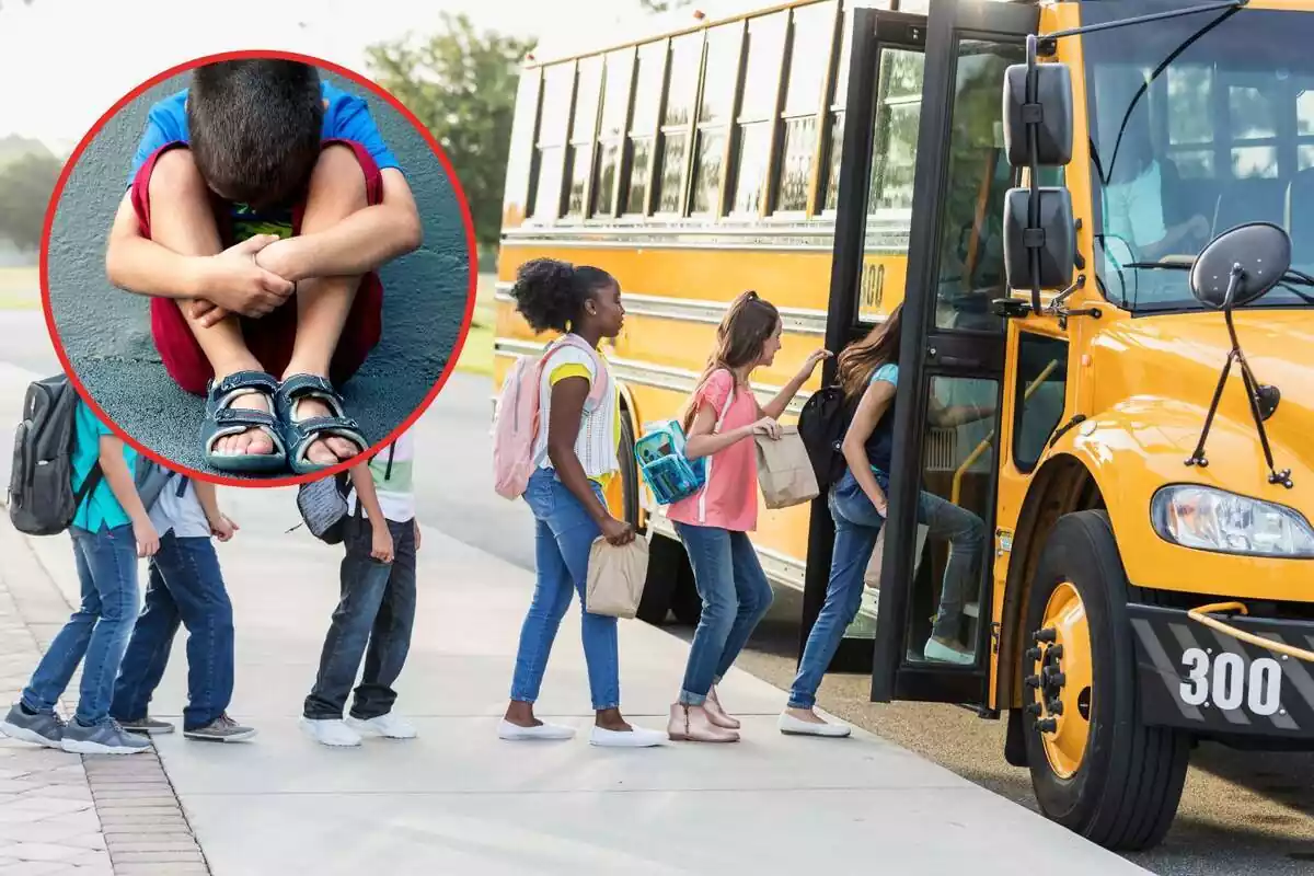 Muntatge d´uns nens pujant a un autobús escolar i un nen amb el cap entre les cames