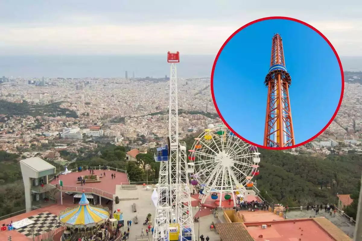 Muntatge del parc d'atraccions Tibidabo i cercle amb una atracció estil caiguda lliure