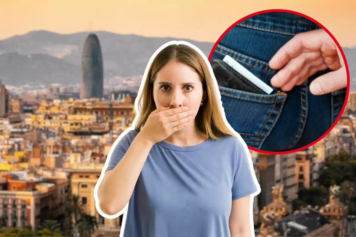 Dona sorpresa cobrint-se la boca amb la mà davant d’un fons de ciutat i un cercle que mostra una mà robant una cartera d’una butxaca del darrere d’uns pantalons texans.