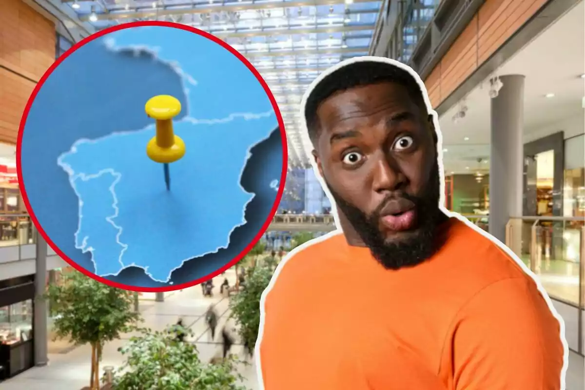 A man with a surprised expression in a shopping center next to a map of Spain with a yellow thumbtack.