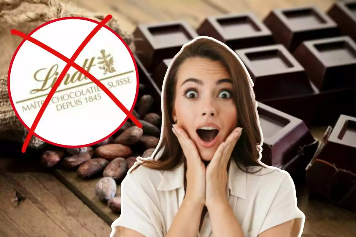 Una mujer con expresión de sorpresa está frente a un fondo de chocolates y granos de cacao, con un símbolo de prohibición sobre un logotipo.