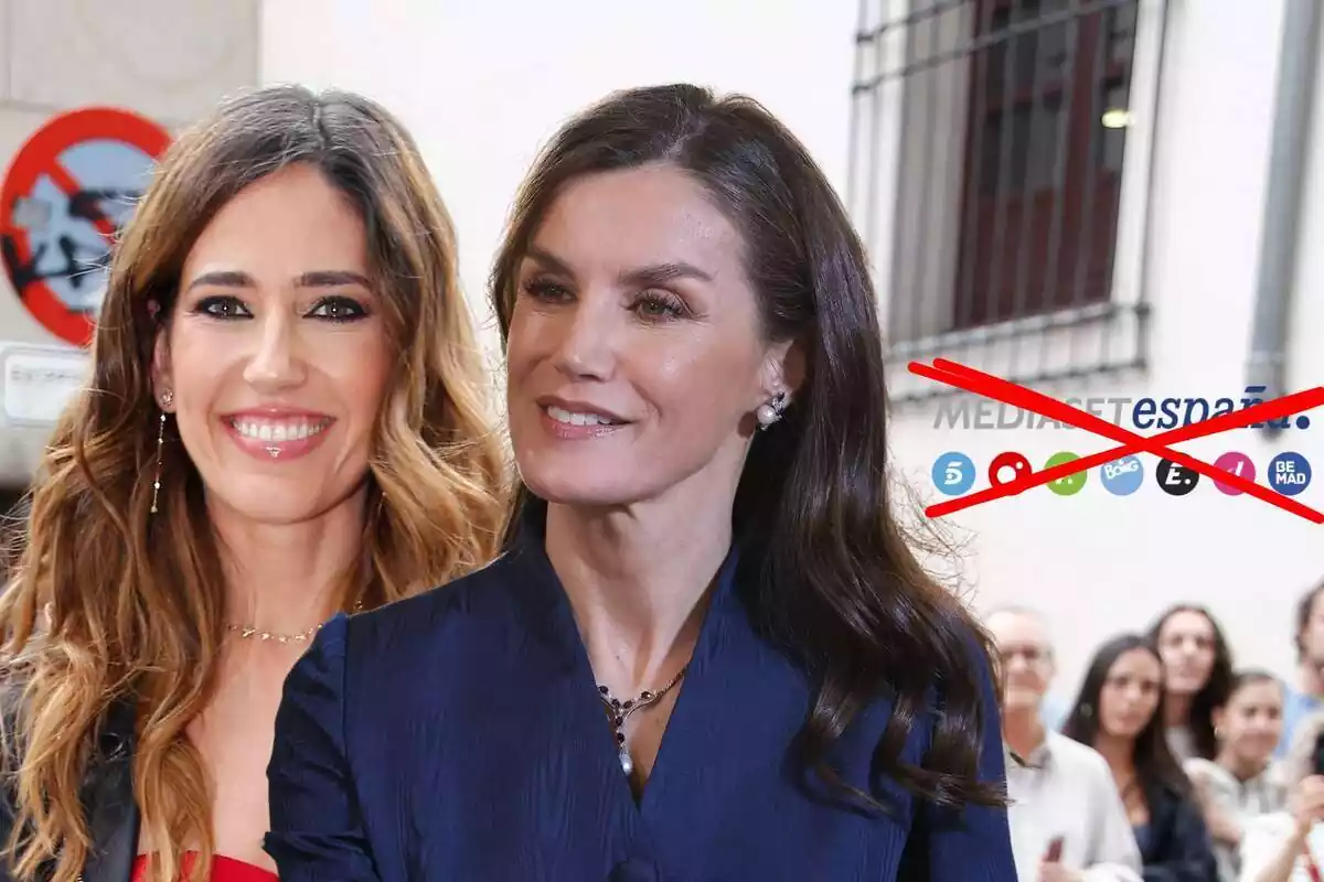 Muntatge de Nuria Marín somrient, Letizia amb una brusa blava i el logotip de Mediaset amb una creu vermella a sobre