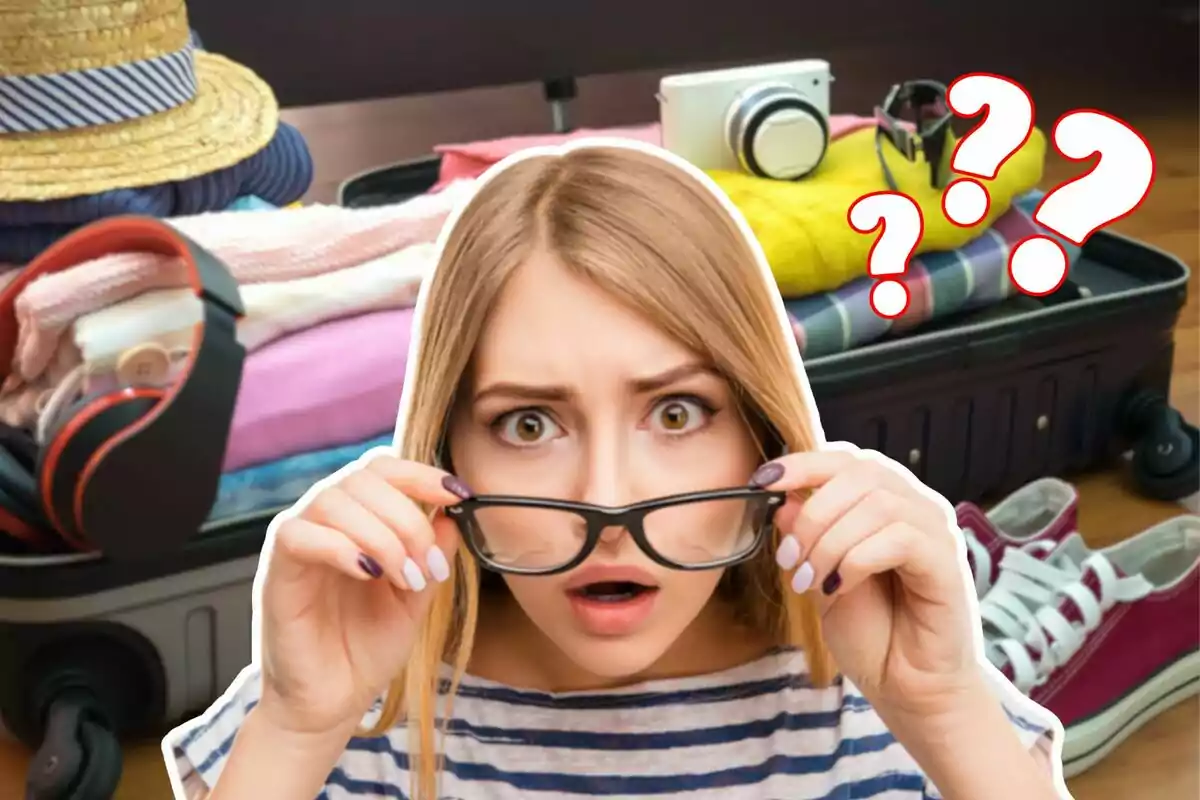 A woman with a surprised expression holds her glasses in front of an open suitcase full of clothes and accessories, with question marks floating around.