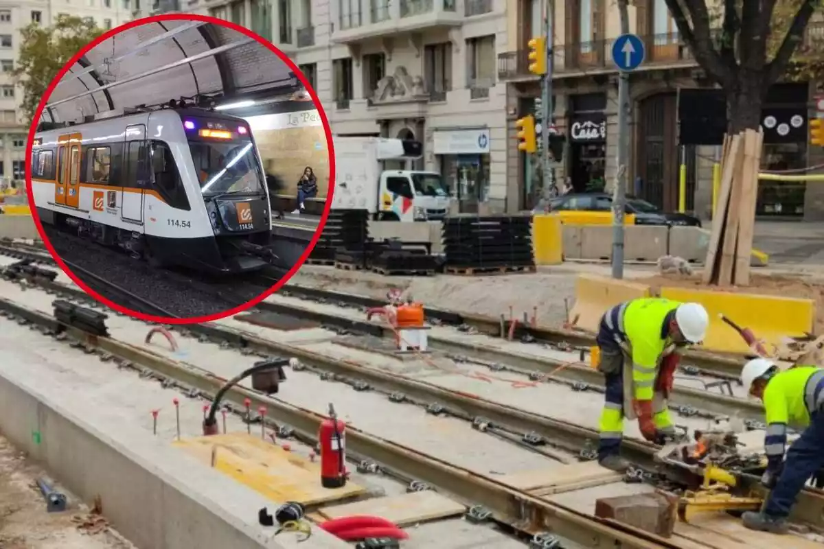 Muntatge d´unes obres al centre de Barcelona i un tren