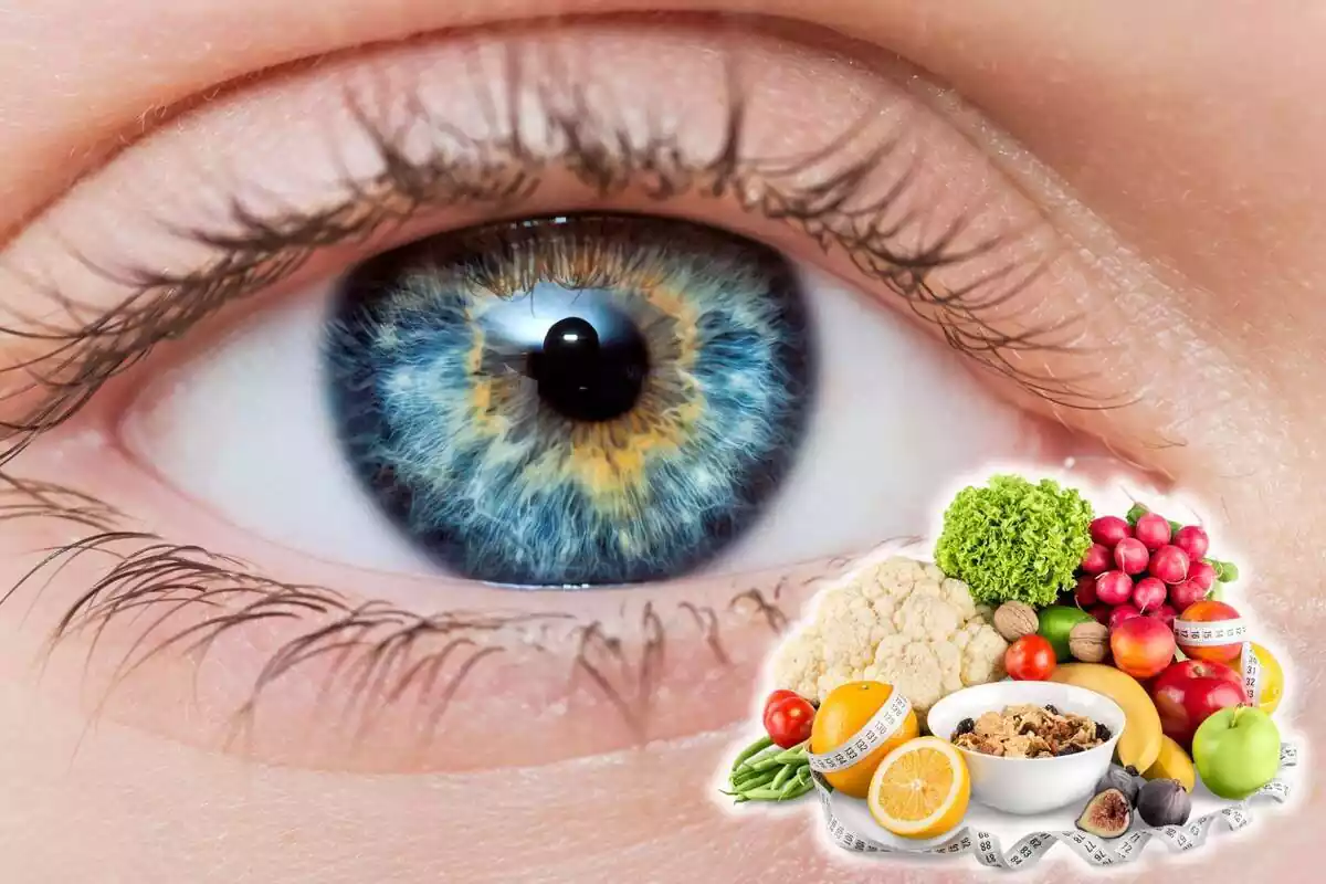 Muntatge d´un ull blau i aliments