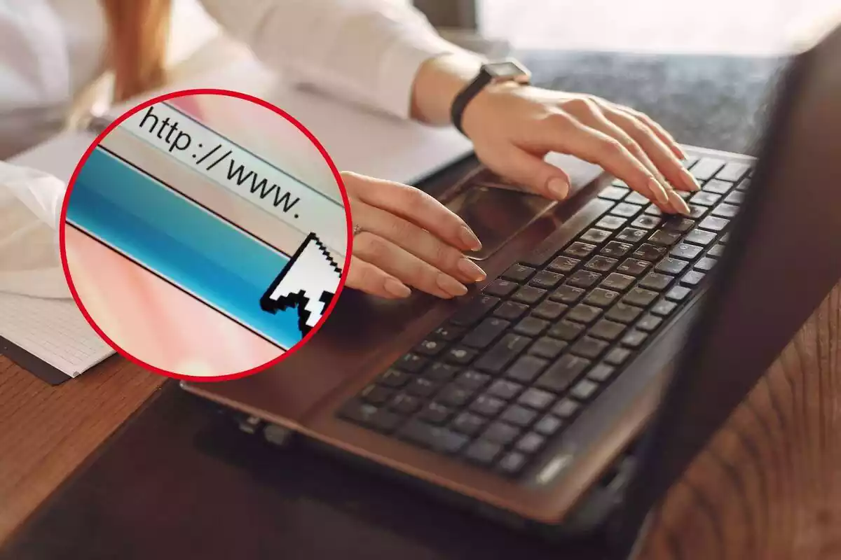 Muntatge dun ordinador portàtil i una rodona amb el començament del link duna pàgina web Muntatge dun ordinador portàtil i una rodona amb el començament del link duna pàgina web