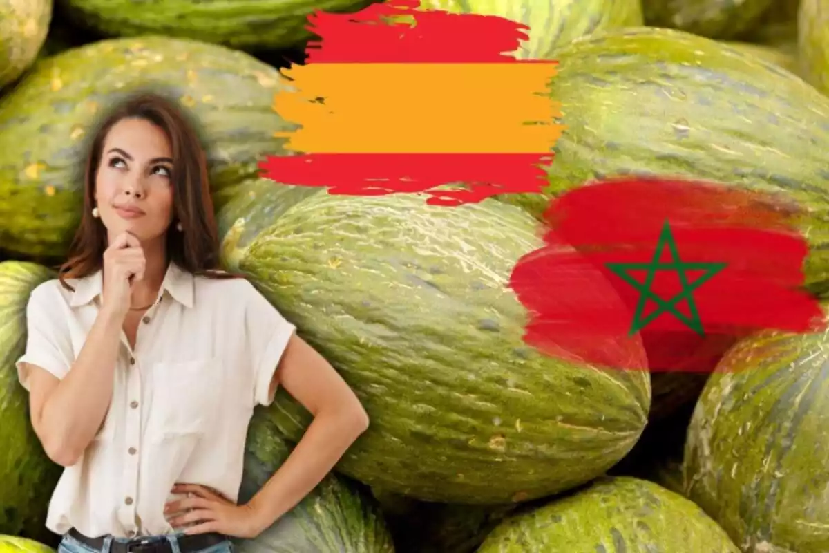 Diversos melons apilats, una dona amb gest pensatiu i les banderes d'Espanya i del Marroc