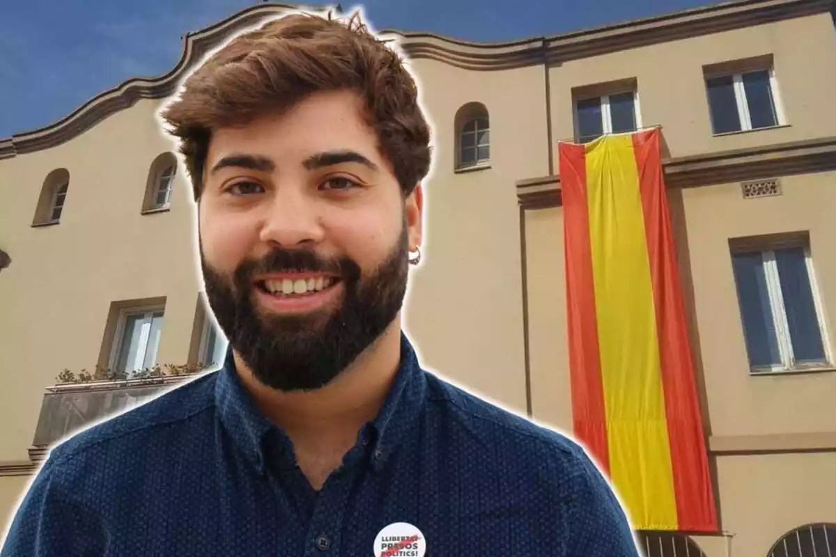 Muntatge de l´alcalde de Montblanc (Oriol Pallisso) amb l´ajuntament de Vilanova del Camí amb una bandera d´Espanya