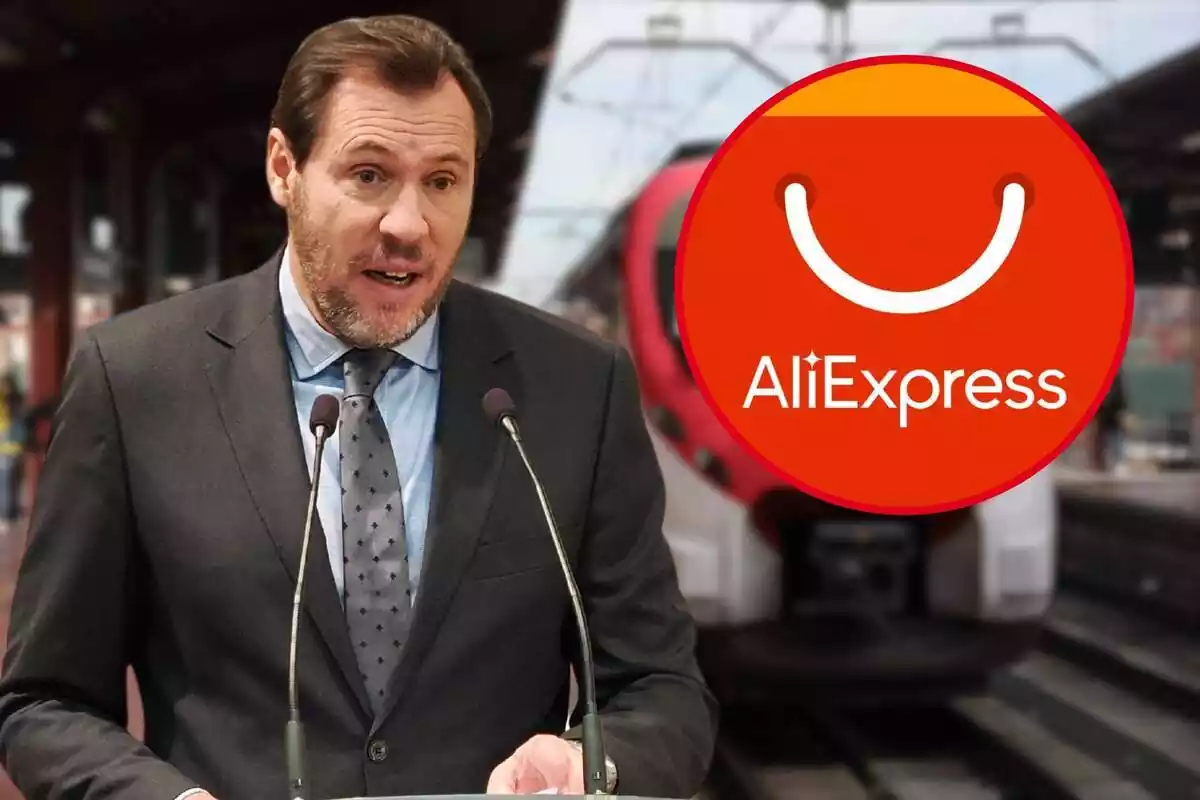 Muntatge del ministre de Transports, Óscar Pont en una estació de tren i el logotip d'Aliexpress