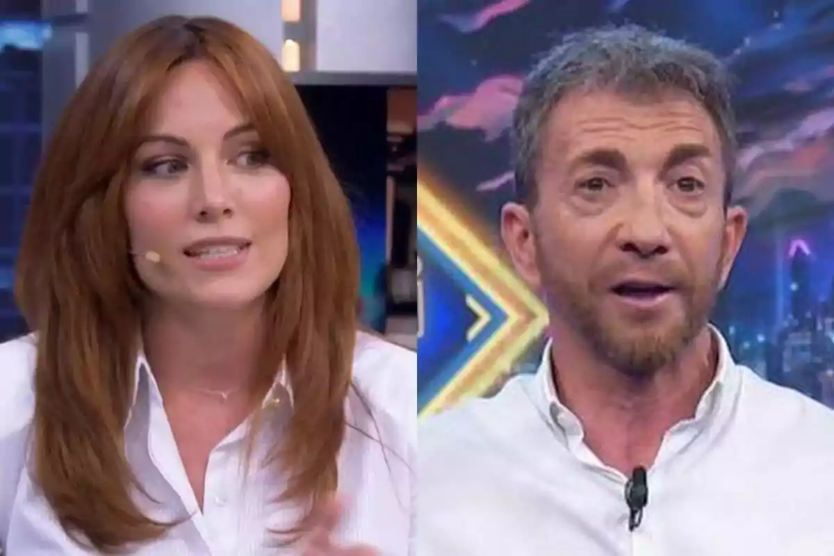 Edurne amb cara seriosa a l'esquerra amb Pablo Motos sorprès a la dreta, tots dos a El Hormiguero.