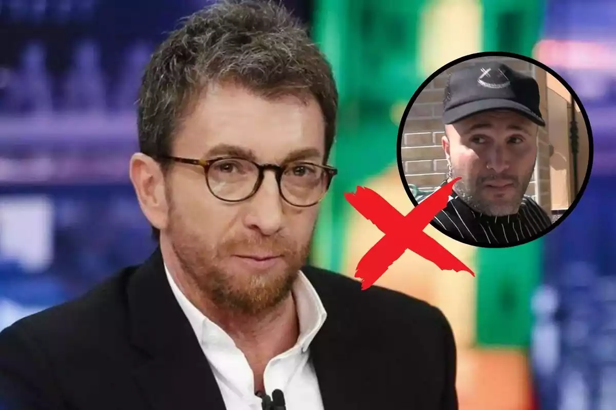 Muntatge de Pablo Motos al Hormiguero mirant seriosament al davant i al costat una creu i una retallada de la cara de Kiko Rivera mirant-lo