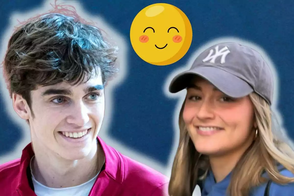 Pablo Urdangarin and Johanna Zott smiling with a happy emoji on a blue background.