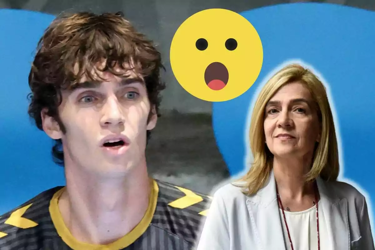 Pablo Urdangarin amb expressió de sorpresa al costat de la infanta Cristina i un emoji sorprès sobre un fons blau.