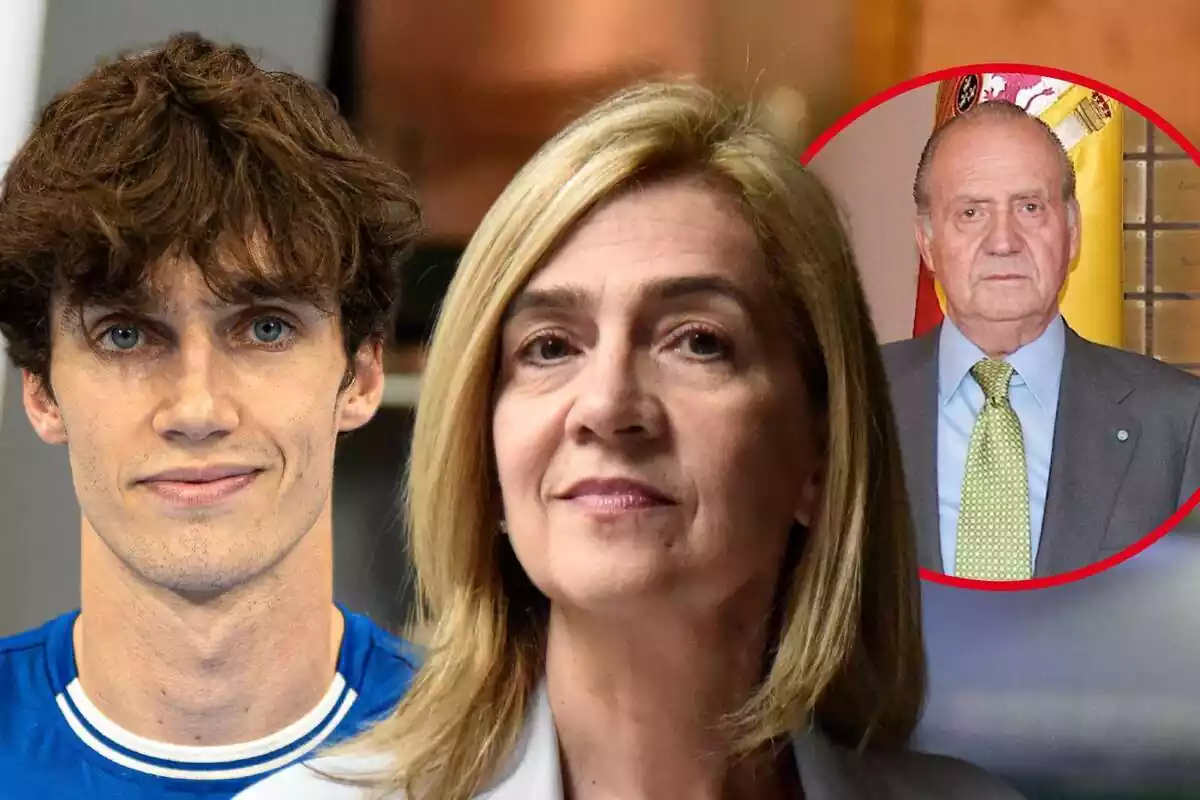 Muntatge de Pablo Urdangarin somrient, la infanta Cristina amb rostre neutre i Joan Carles I en vestit