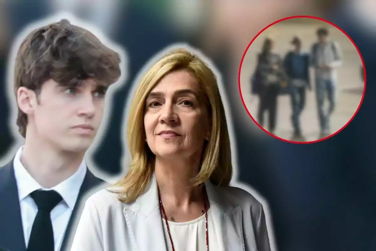 La infanta Cristina rossa i Pablo Urdangarin amb vestit apareixen en primer pla amb una imatge borrosa de tres persones caminant en un cercle vermell al fons.