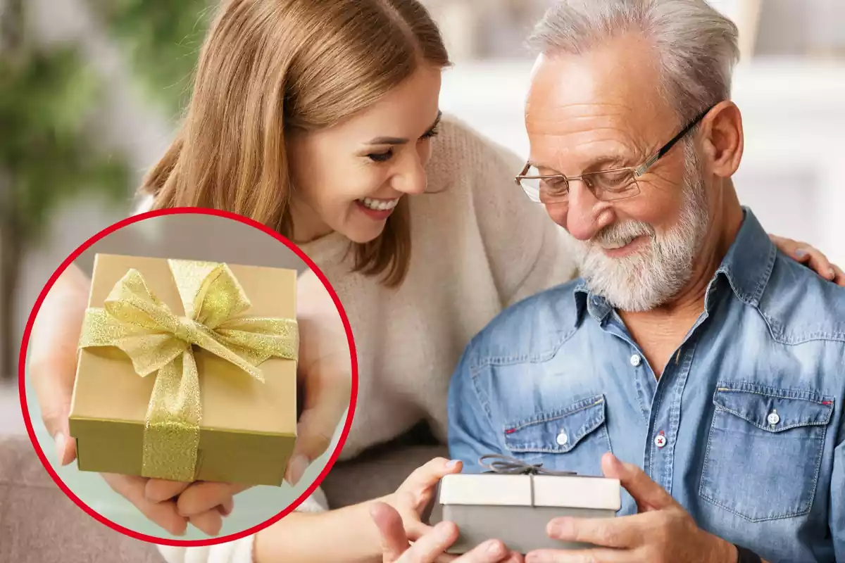 Muntatge amb una filla lliurant un regal al seu pare i un cercle amb una caixa de regal amb un llaç daurat i brillant
