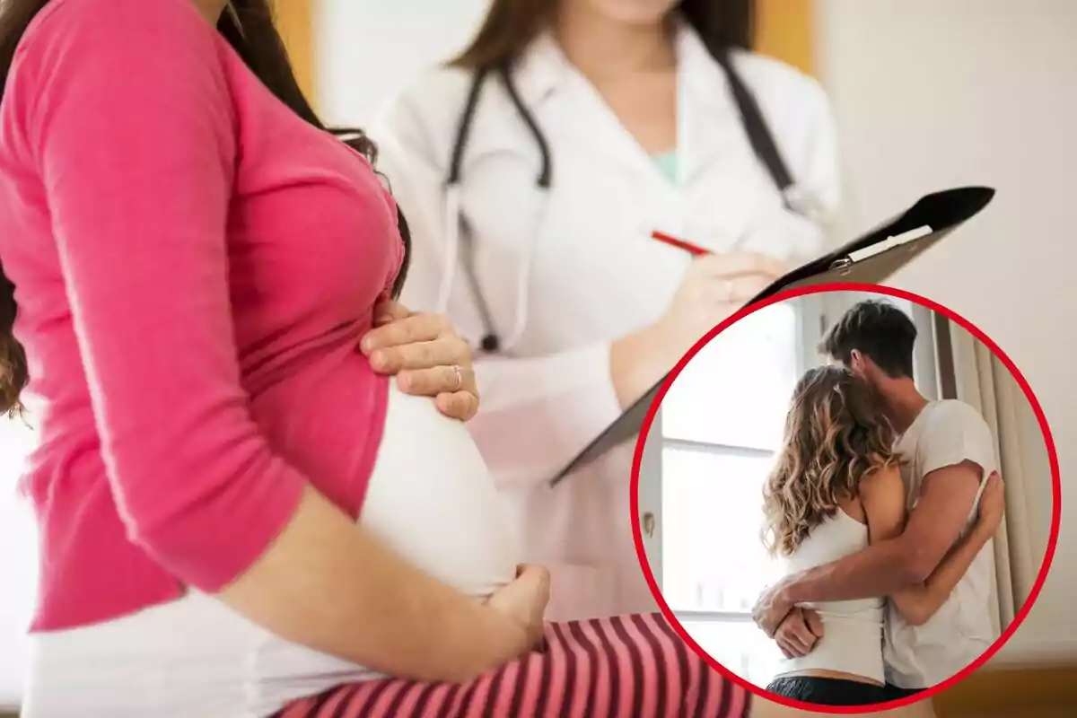 Dona embarassada a consulta mèdica amb una doctora prenent notes i una imatge inserida d'una parella abraçant-se.