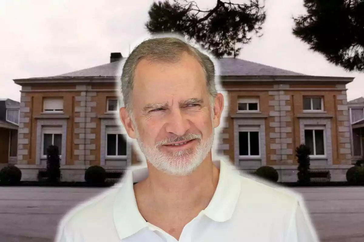 Felip VI amb camisa blanca davant del Palau de la Zarzuela.