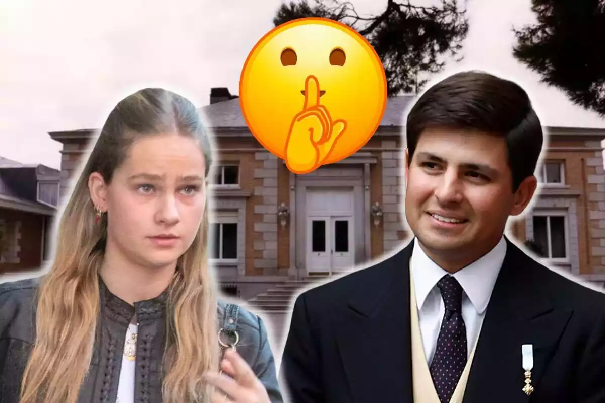 Muntatge del palau de la Zarzuela al fons, Irene Urdangarin seria amb una caçadora marró, Juan Urquijo somrient en vestit negre i un emoji de silenci