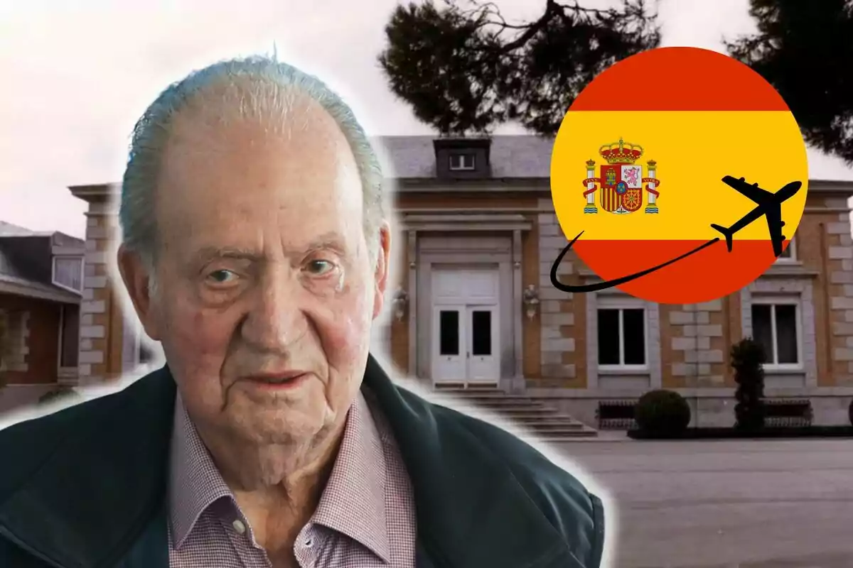 Joan Carles I davant del palau de la Zarzuela amb la bandera d'Espanya i un avió al fons.