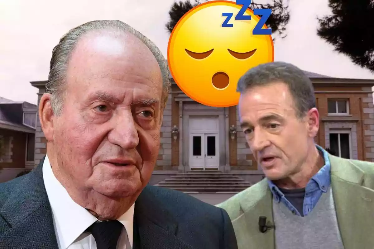 Muntatge del palau de la Zarzuela, Joan Carles I somrient en vestit negre, Alessandro Lequio parlant amb vestit verd i jersei gris i un emoji dormint