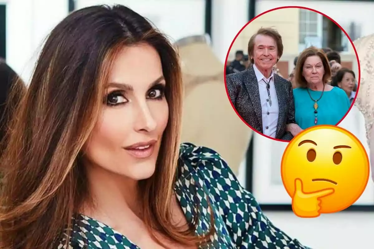 Paloma Cuevas amb cabells llargs i solts, amb una imatge inserida en un cercle vermell que mostra Raphael i Natalia Figueroa i un emoji de cara pensativa.