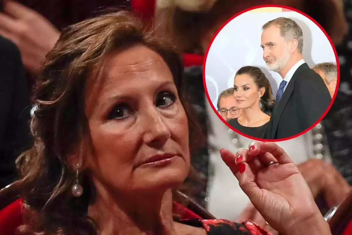 Muntatge amb un primer pla de Paloma Rocasolano seriosa i Letizia i Felipe junts de perfil