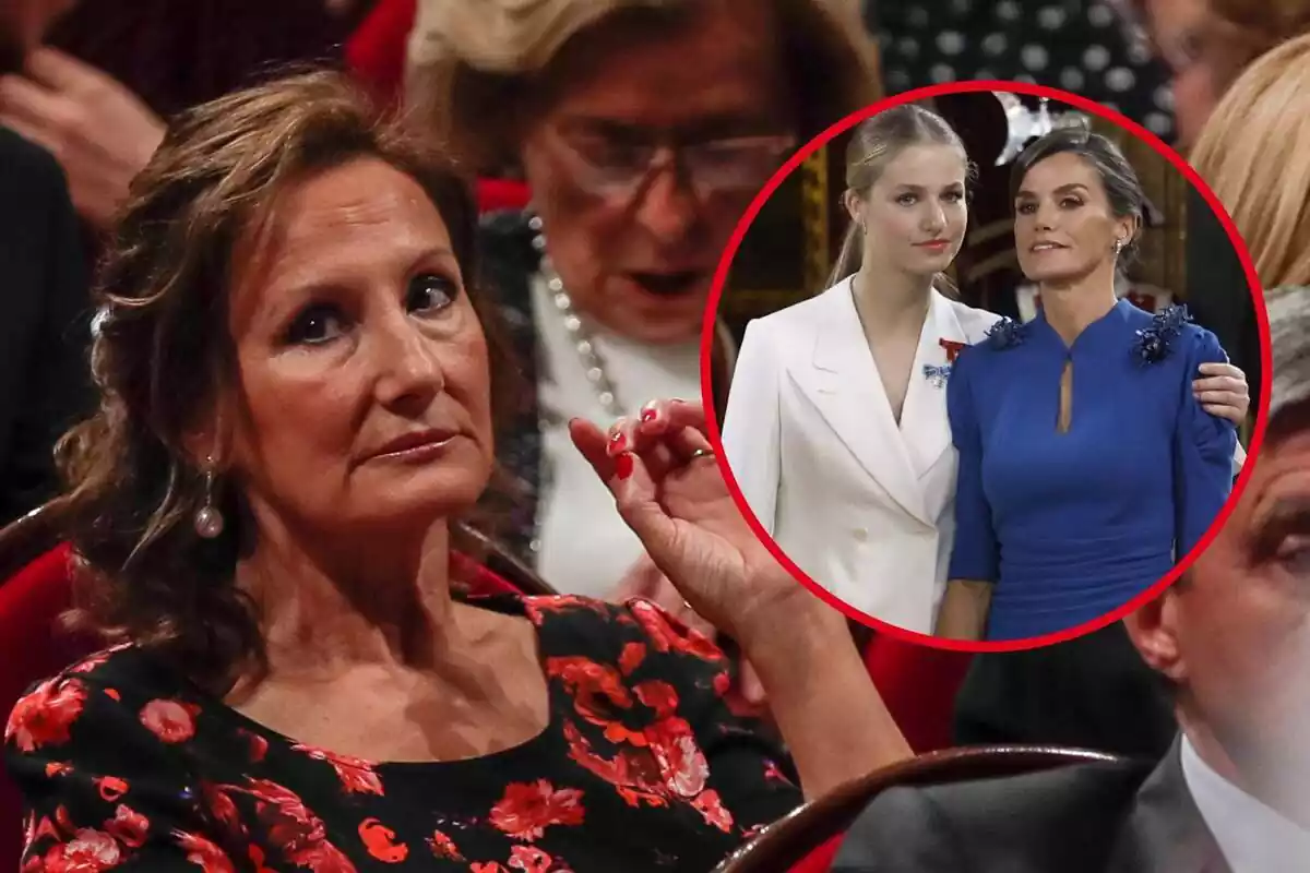 Muntatge amb Paloma Rocasolano ajuntant els dits i amb un vestit de flors, Leonor amb un vestit blanc i Letizia amb un vestit blau