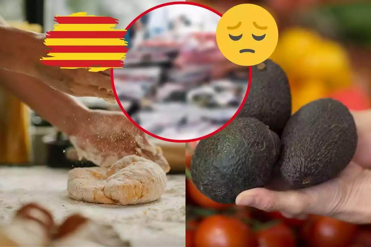 Muntatge d'una persona pastant pa, alvocats, peixateries pixelades, un emoji trist i una bandera de Catalunya