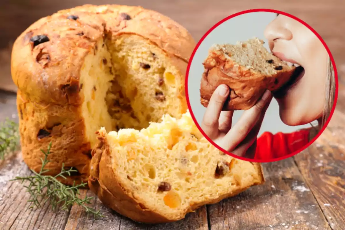 Muntatge amb un panettone tallat i un cercle amb una noia menjant un tros del mateix dolç