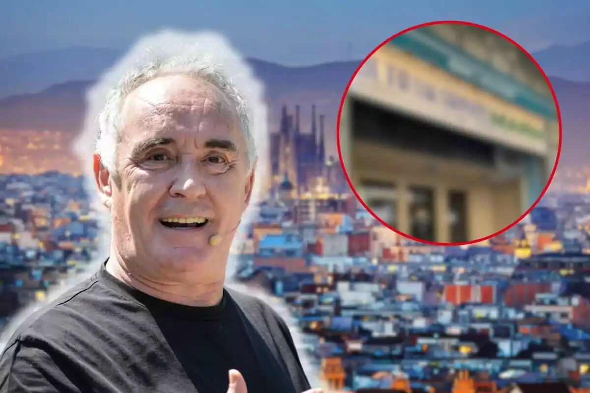 Ferran Adrià amb micròfon a l'orella somriu davant d'un fons urbà amb un cercle que destaca un edifici borrós.