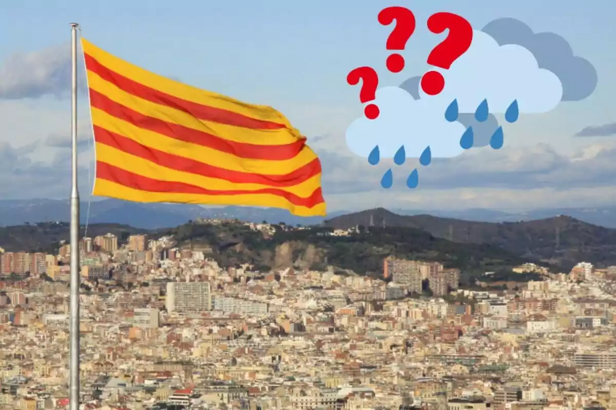 Una bandera groga amb franges vermelles oneja sobre una ciutat amb turons al fons, mentre que al cel hi ha núvols amb gotes de pluja i signes d'interrogació vermells.