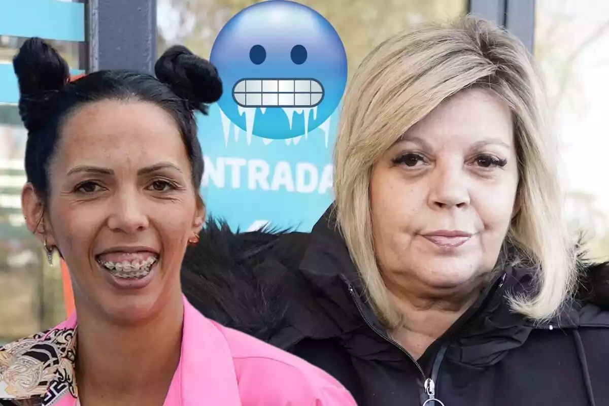 Muntatge de Paola Olmedo somrient amb dos monys als cabells i una camisa rosa, Terelu Campos seria amb un abric negre i un emoji de fred