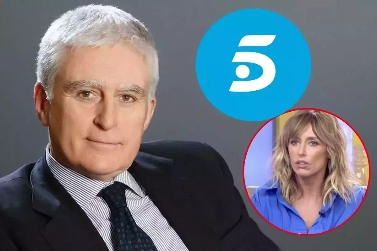 Muntatge de Paolo Vasile en vestit i camisa a ratlles, Emma García seriosa i el logotip de Telecinco