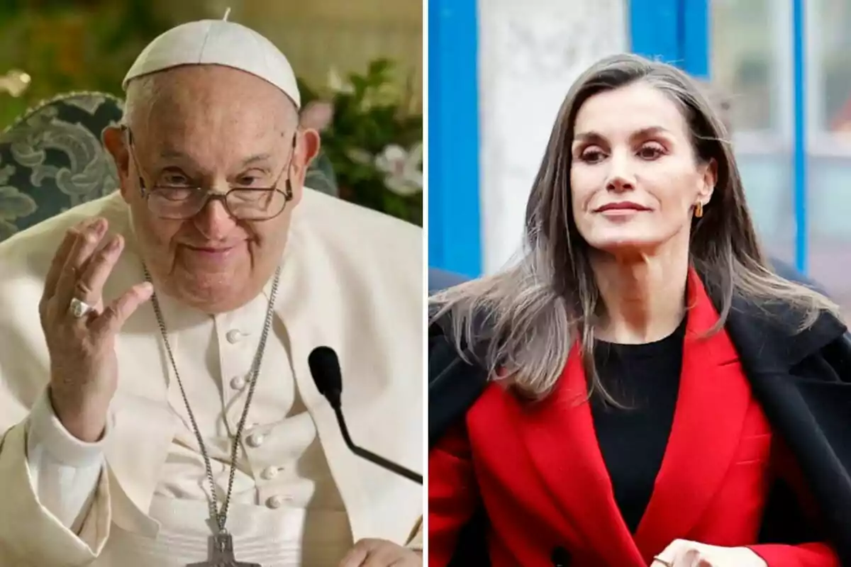 El papa Francesc i la reina Letícia en un muntatge fotogràfic, un amb vestimenta religiosa i l'altra amb un abric vermell. El papa Francesc i la reina Letícia en un muntatge fotogràfic, un amb vestimenta religiosa i l'altra amb un abric vermell.