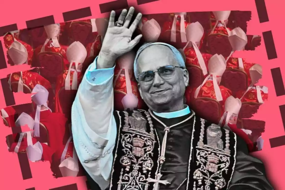 El Papa Lleó XIV vestit amb vestimenta religiosa aixeca la mà en senyal de salutació, amb un fons de figures religioses en tons vermells i un disseny gràfic en rosa.