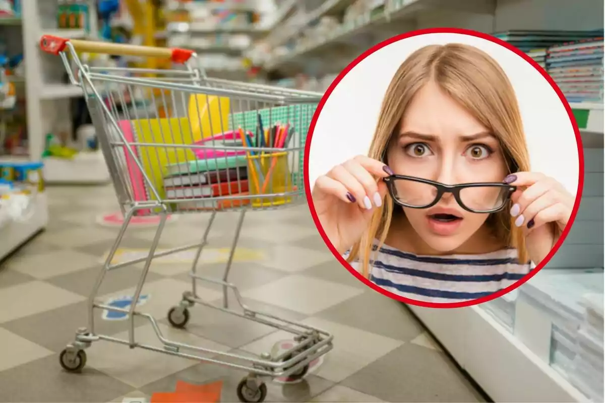 Una mujer sorprendida sostiene sus gafas mientras observa un carrito de compras lleno de útiles escolares en una tienda.