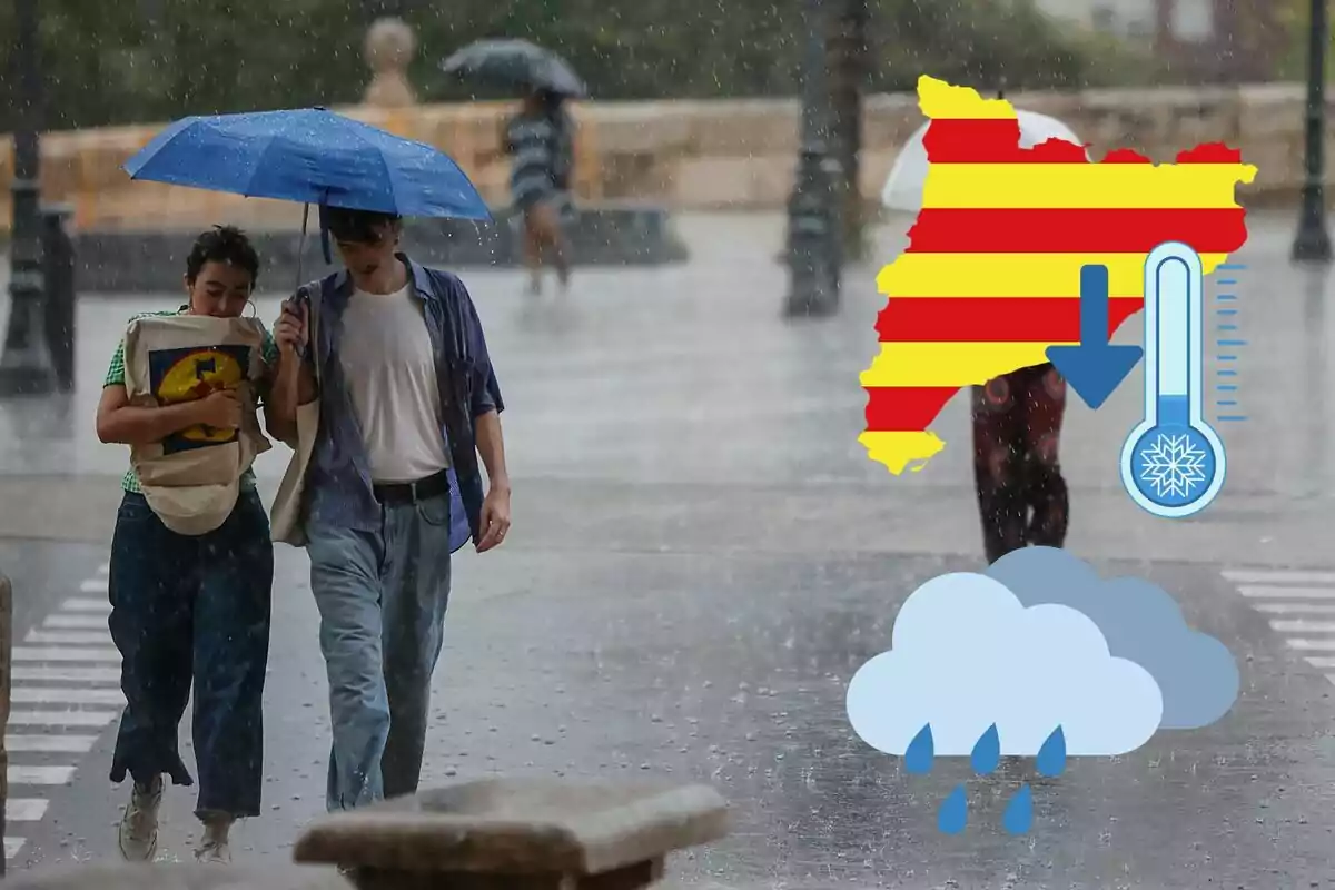 Muntatge d'una parella caminant sota la pluja amb un paraigua blau, la silueta de Catalunya, un termòmetre amb una fletxa cap avall i uns núvols amb gotes