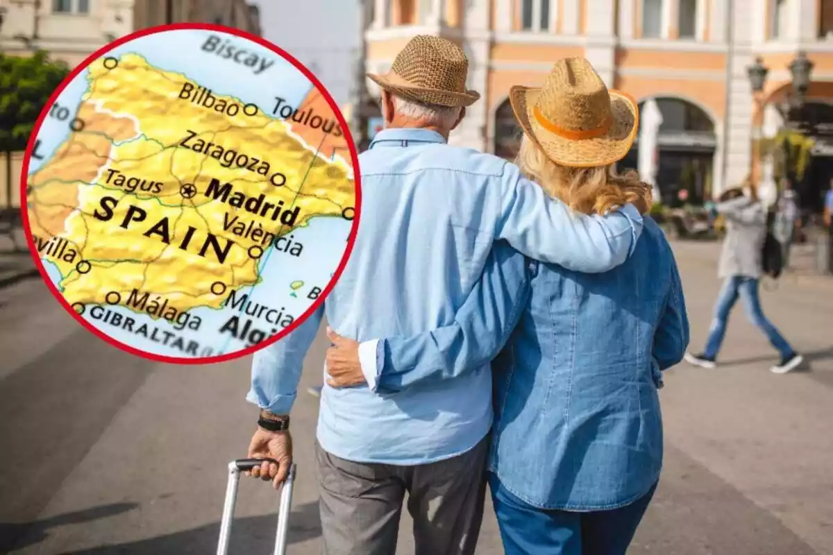 Muntatge amb una parella de jubilats amb una maleta a la mà i un cercle amb el mapa d'Espanya