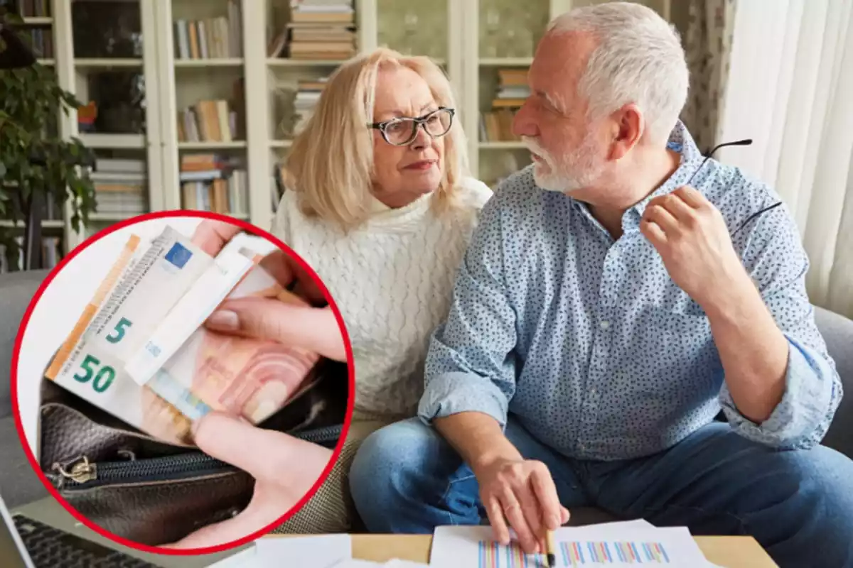 Muntatge amb una parella de jubilats mirant-se amb cara seriosa i un cercle amb una cartera amb diversos bitllets d'euro