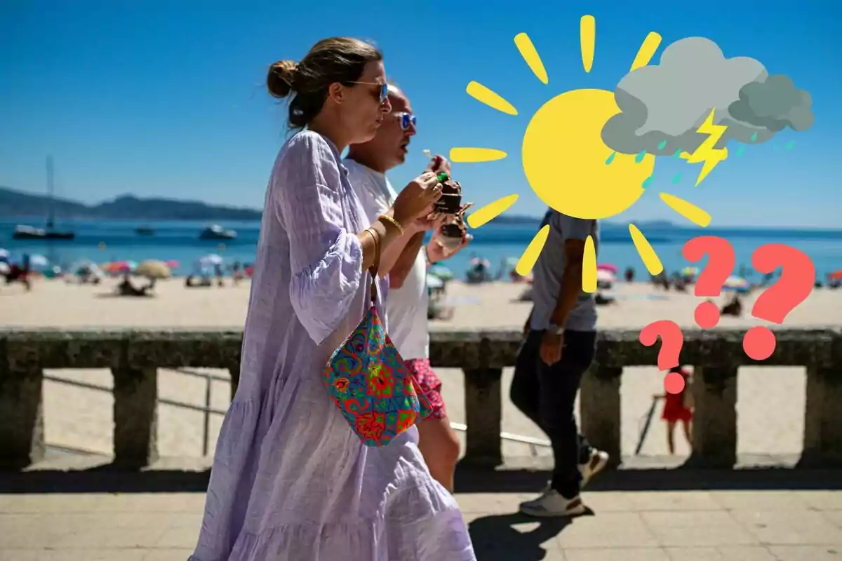 Persones caminant a la platja amb dibuix de sol, núvols i signes d'interrogació.