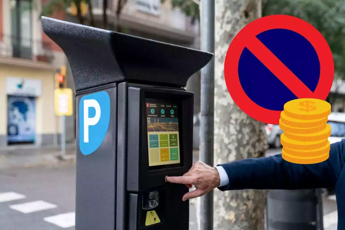 Muntatge d´un parkimetre amb un dit donant a un botó, el senyal de prohibit aparcar i monedes