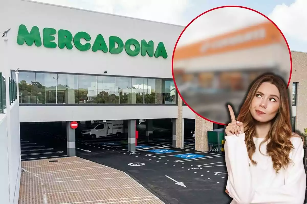 Una dona pensativa assenyala cap a un supermercat Mercadona amb un cercle vermell que destaca una part borrosa de la imatge.