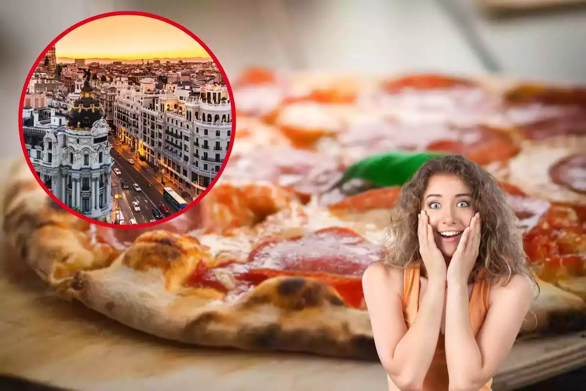 Muntatge de pizza dona amb les mans a la cara sorpresa per pizza de fons i cercle amb vista aèria de Madrid