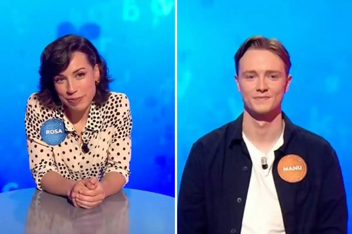 Rosa and Manu are participating in a television show, a woman with a polka dot blouse and a man with a dark jacket, both wearing name tags. Rosa and Manu are participating in a television show, a woman with a polka dot blouse and a man with a dark jacket, both wearing name tags.