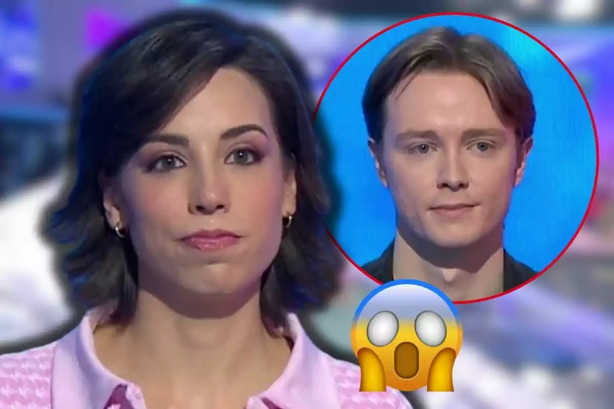 Rosa with a serious expression in the foreground and Manu in a red circle in the background with a surprised emoji at the bottom.